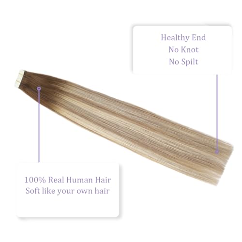 Sindra Tape In Hair Extension 50g 24inch Balayage Ombre Walnut Brown to Ash Brown and Blonde Tape in Remy Hair Extensions 20pcs for Women #3/8/22 24" - Image 2