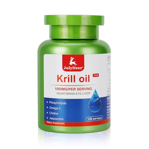 JulyDeer Krill Oil 1000 mg with Omega-3s EPA DHA Astaxanthin and Phospholipids 120 Softgels Supplement Antarctic Krill No Fishy Aftertaste for Joint Heart Brain and Immunity