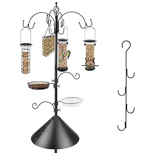 Bird Feeding Station Kit with Squirrel Baffle Bird Feeder Pole Wild Bird Feeder with Suet Cage Bird Bath Mesh Tray Fruit Hook Double W Hook for Attracting Wild Birds and Hanging Planter Hanger Lights