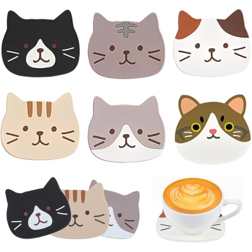 BAHME 6 Sottobicchieri Gatti in Silicone, Dolci Sottobicchieri Antiscivolo Resistenti al Calore (10x9cm)