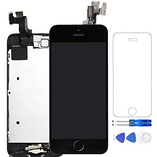 QTlier for iPhone 5S LCD Screen Black - Corepair Full Assembly Display Replacement Touch Digitizer with Home Button, Front Camera, Ear Speaker, Repair Tools and Screen Protector