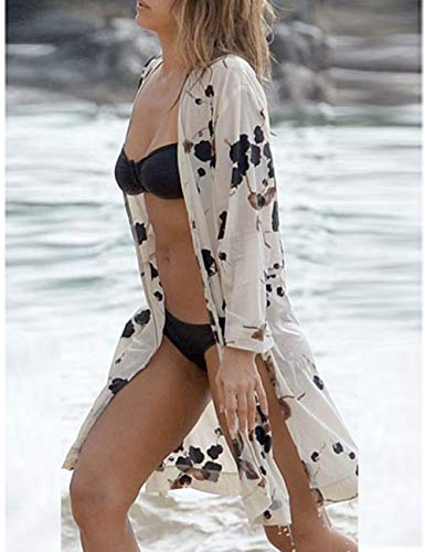 Bsubseach Women Black White Floral Print Rayon Beachwear Cover Up for Swimwear Loose Long Sleeve Beach Kimono Cardigan