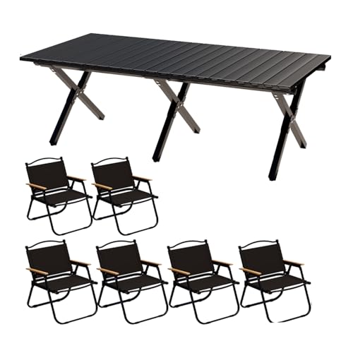 Juego de mesa portátil con 6 sillas, mesa de madera de 120 cm, incluye bolsa de transporte, perfecta para acampar en la playa, balcón y piel al aire libre