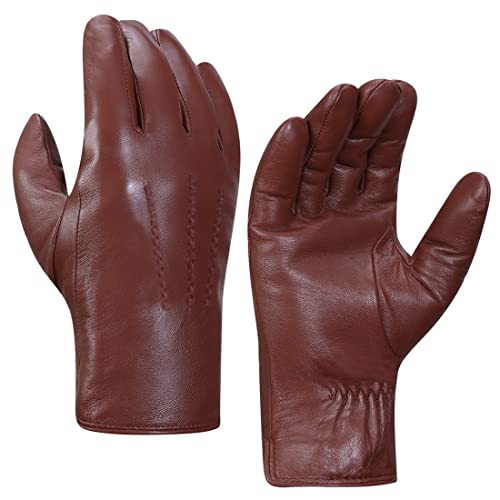 Harssidanzar Gants en cuir pour hommes,doublés de fourrure de lapin d'hiver gants en cuir doux KM047,Cognac,Taille S