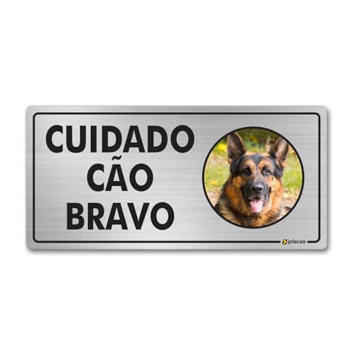 Placa Aviso Cuidado Cão Bravo Aluminio 21x10cm Pastor Alemão