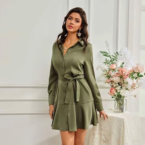 Image of Women's Long Sleeve Button Up Midi Belt Shift Collar Dress with Pockets for Work Office Business