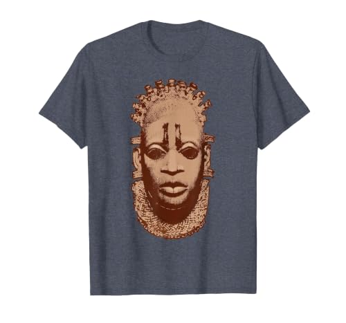 African Mask Queen of Benin, Nigeria Idia Iyoba Tribal Art T-Shirt, Men, Heather Blue, Medium