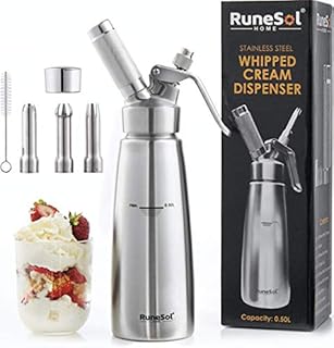 Runesol Syfon do śmietany ze stali nierdzewnej z 3 dyszami dekoracyjnymi, dozownik do śmietany 500 ml, butelka Espuma do deserów, butelka z rozpylaczem śmietany, profesjonalny spryskiwacz do śmietany,