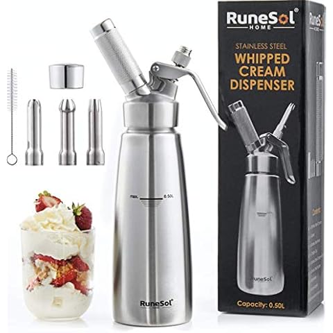 RuneSol 0,5L Sahnespender/Sahnesyphon Edelstahl, Rostfrei | Profi Schlagsahnebereiter mit 3 Edelstahl Deko-Düsen | Für Sahne, Soßen und mehr! Benötigt Standard N20 Sahnekapseln (Nicht Enthalten) Cover