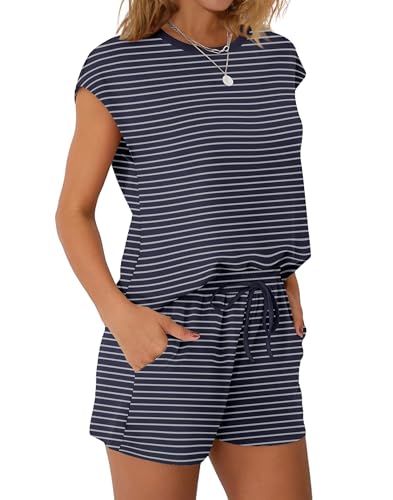 Image of WIHOLL Two Piece Sets for Women Summer Crew Neck Lounge Short Sets Cap Sleeve Drawstring Sweatsuit with Pocket