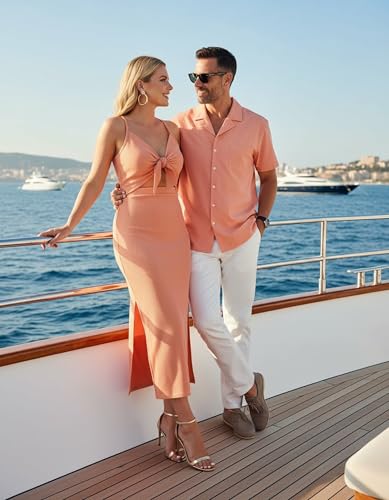 Image of PATPAT Couples Matching Outfits Bodycon Dress & Button-Down Shirt | Matching Cruise Outfits for Couples, Beach Vacation Outfits, Tie Front Cutout Slit Bodycon Sundress, Linen Men's Shirt