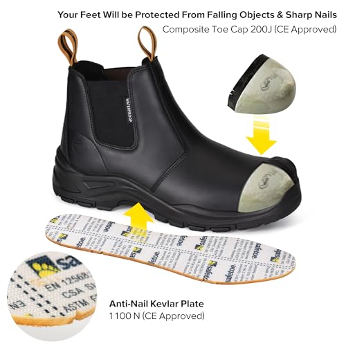 SAFETOE Safety Boots for Men - Waterproof Cow Leather Chelsea Work Boots with Composite Toe Cap, Wide Fit, Size 8 angle 5