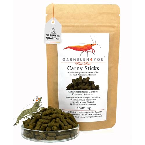GARNELEN4YOU® Carny Sticks – proteinreiches Hauptfutter für Garnelen, Krebse & Schnecken – Premium Garnelenfutter mit Krill, Artemia & Insekten – nachhaltige Verpackung – Made in Germany – 30 g