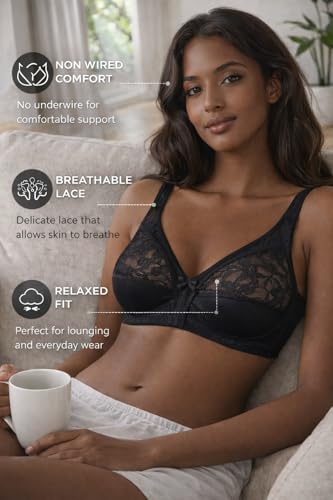 COSHAL® Non-Wired Womens Bra Floral Lace Non-Wired Bra Firm Control Soft Cup - Women’s Non -Wired Full Cup Non-Padded Underwear Bralette Black 34E - Image 7