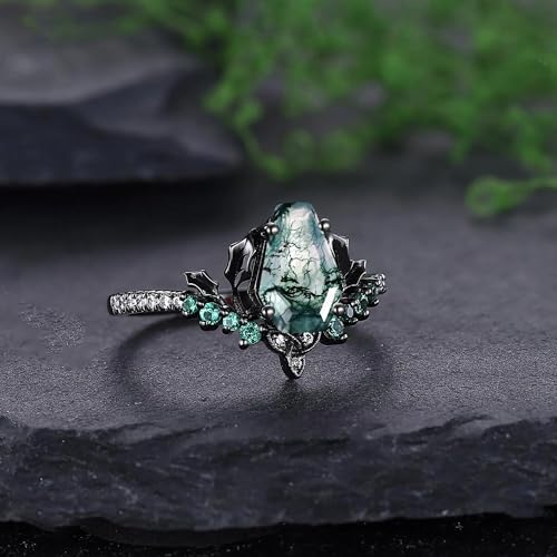 High-grade Gothic Natural Moss Agate Black Couple Rings Inspired Twig Leaf Moss Rings for His and Her Silver/10K 14K 18K Black Gold Wedding Band Anniversary Customize Gift for Women Men3