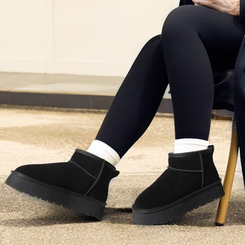 DREAM PAIRS DREAM PAIRS Women's Platform Winter Snow Boots Genuine Suede, Water Resistant Mini Ankle Boots Stable Lightweight Booties Anti-Slip with Memory Foam Outdoor Fuzzy,Size 7,Black,DWUMSB2501