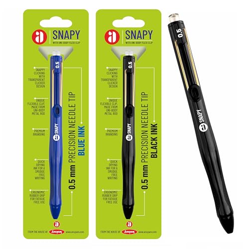 Image of Anupam Snapy Roller Gel Pen 0.5 mm, Waterproof Smooth Quick-Dry Dark Ink, Comfortable Grip Exam & Office Pen, Refillable (3 Blue Body BlueInk, 3 Black Body BlackInk)
