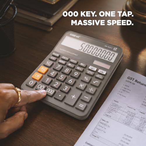 Image of Oreva OR-1912-C Solar & Battery Calculator Desktop | Financial Office Computer Calculators Large Display | Standard Function | Big Sensitive Button - Dark Grey