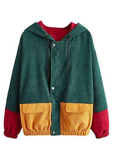 Verdusa Women s Colorblock Long Sleeve Drawstring Hooded Corduroy Jacket Outerwear Dark Green Yellow S