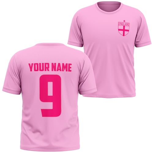 Purple Print House Personalised Girls England T Shirt Custom Name and Number Football Badge Kids Top, 7-8 Years, Light Pink