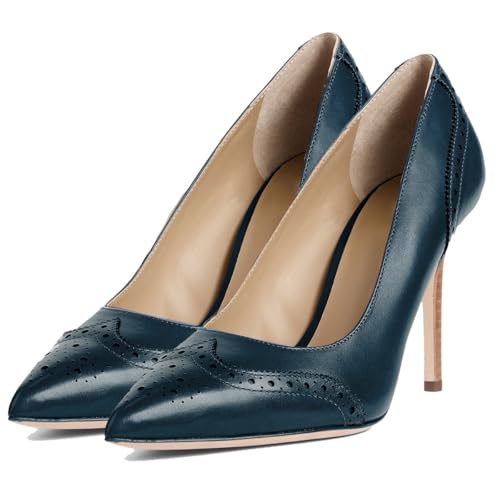 SHODENSE Women Pointed Toe Stiletto Heel Pumps Oxford Slip On High Heels Two Tone Perforated 4 inch Stiletto High Heels Pointy Closed Toe Dress Heels Wingtips Retro All Navy Blue 7 M US by SHODENSE - Used condition - US$68.52