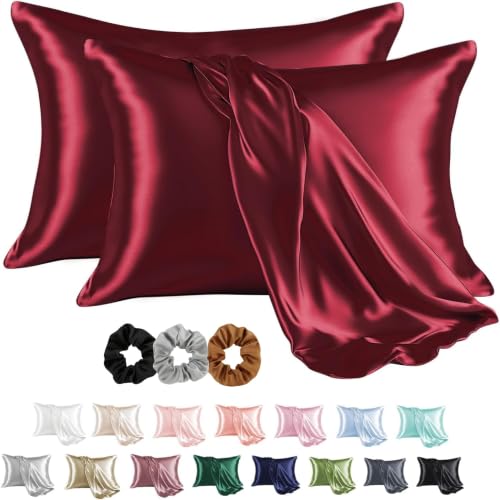 Image of SKVM Satin Silk Pillow Covers Set of 2 for Hair and Skin scrunchies Set for Women 3-Pieces Pillowcase Soft Breathable Smooth Sleeping Envelope Closure Cover Bed Anti Frizz 18 inchX 28 inch (4, Cherry Red)