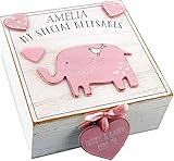 Personalised Elephant Memory Box - Vintage Wooden Keepsake Box for Baby Memories, Room Decor, Jewellery (Pink, Customised)