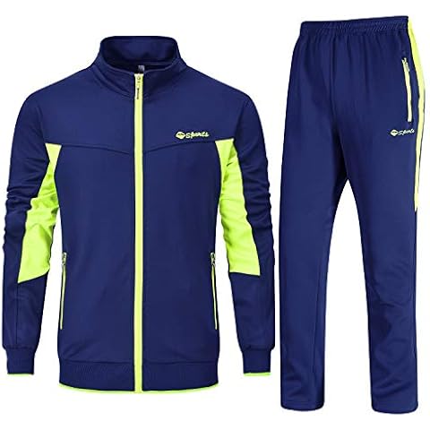 BGOWATU Men's Tracksuits 2 Piece Running Jackets Athletic Pants Sports Suit with Zipper Pockets, Royal Blue + Fluorescent Green, Medium Cover
