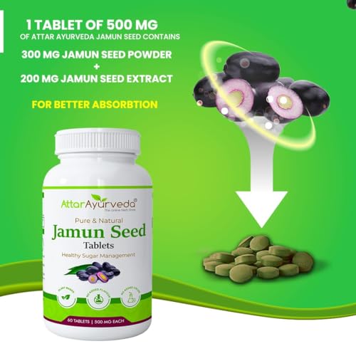 Image of Attar Ayurveda Jamun Seed Extract tablet 500mg, 60 tablets | Beneficial in controlling Blood Sugar Levels, Boosting Digestion, Blood purification and Detoxification (Pack of 1)