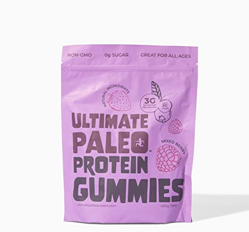 Ultimate Paleo Protein Gummies | Mixed Berry Flavored Gummy Chews | 450g Protein, Zero Added Sugar, Great Source of Prebiotics and Fiber, No Dairy, No Gluten, Non-GMO, Keto Friendly | 15 Servings