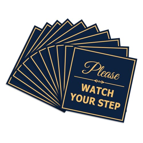 Signs ByLITA Square Classy Please Watch Your Step Sign | Safety Sign with Easy Installation (Navy Blue/Gold) - Large 10 Pack