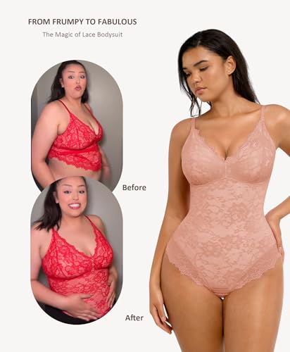 Image of FeelinGirl Shapewear Bodysuits for Women Lace Shapewear Tummy Control V-Neck Sleeveless Bodysuit Tops Jumpsuit