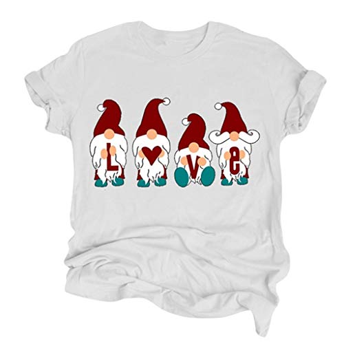 Preisvergleich Produktbild LOPILY Weihnachten Tshirts Damen mit Weihnachtsgnome Druck Rundhals Weihnachtsshirts Mädchen Lustig Hässlicher Famillien Weihnachtskleidung Locker Casual Kurzarm Shirt (Weiß, M)