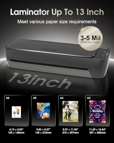 Qfun Laminator Machine 13 Inch Thermal Laminating machine 11x17 with Sheets, Cold Hot Lamination Machine 60S Warm Up Personal Laminator for Teachers, Large A3 Paper Laminate Kit for Office School Home - Thumbnail 7