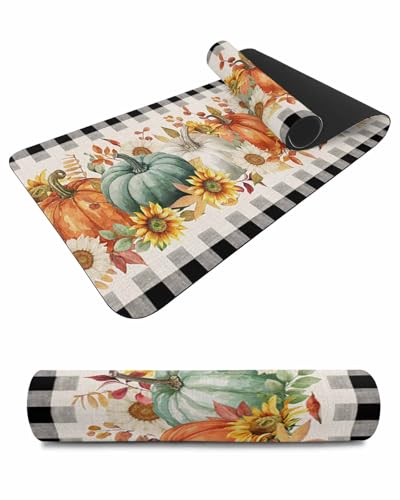 Debedcor Heat Proof Table Pads Waterproof Decorative, Green Orange White Non-Slip Table Countertop Protector, Thanksgiving Sunflower Black Plaid Insulation Mat for Kitchen Room, 40 x 12 Inches