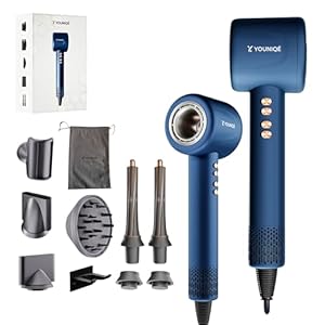 YOUNIQÉ Haartrockner – 5-in-1 Föhn mit Ionen-Technologie, Lockenstab, Glättdüse, Diffusor & Konzentrator – 1600W, LED-Anzeige, 4 Temperaturstufen, Magnetaufsätze – Ergonomisch – Blau/Gold