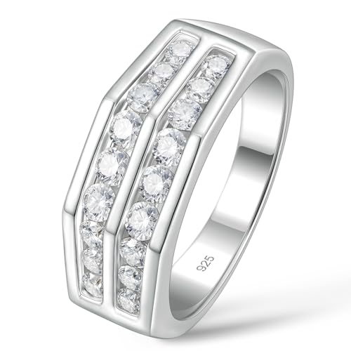 Heinlov D Color VVS1 Moissanite Rings for Men 925 Sterling Silver Mens Wedding Band Engagement Groom Eternity Pave Round Size 11