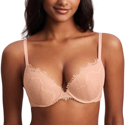 DOBREVA Women's Push Up Bra Eyelash Lace Sexy Cleavage Underwire Support Plunge Bras Blush Beige 40D