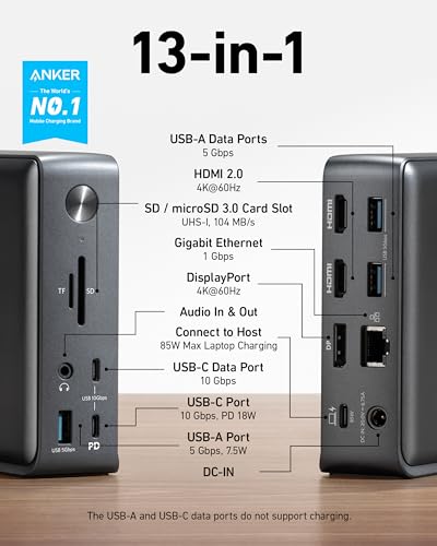 Anker A83921A1 Docking Station, Anker 575 Usb-C Docking Station (13-In-1), Triple Display, 4K Hdmi, 10 Gbps Usb-C And 5 Gbps Usb-A Data, 85W Charging For Laptop thumb #1
