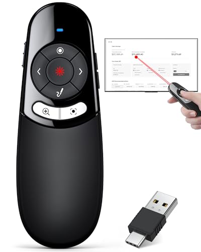 Physical and Digital Presentation Clicker for PowerPoint, 2-in-1 USB Type C Wireless Presenter Remote for LED LCD Screen, Long Range Pointer Spotlight Slide Advancer with Highlighting Magnifier