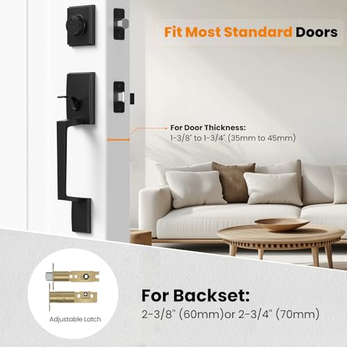 HOSOM Front Door Lock Set Black Front Door Handle with Deadbolt and Lever Set Exterior Door Handle Set with Single Cylinder Deadbolt Entry Door Locksets for Right&Left Handed, Matte Black by HOSOM - Image 2