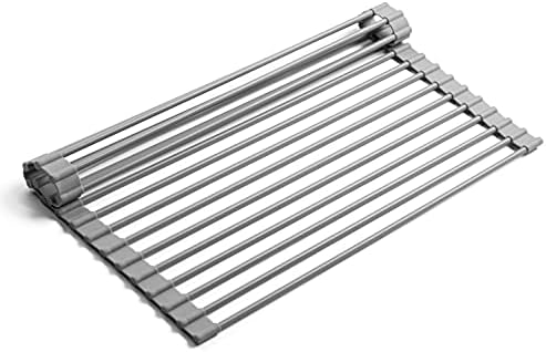 Bellemain Over The Sink Dish Drying Rack | Silicone Dish Drying Mat, Space Saving Drying Rack for Kitchen Counter, Stainless Steel Dish Rack Over Sink | Multipurpose Heat Resistant Mat (Gray, Medium)