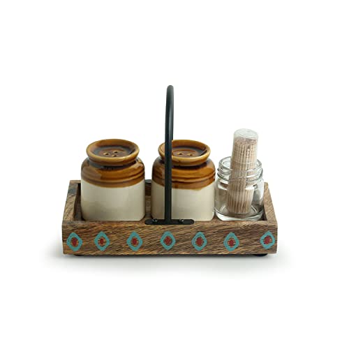 Image of ExclusiveLane Old Fashioned Martaban Ceramic Salt and Pepper Shakers Set with Toothpick Holder & Tray (110 ML)- Salt and Pepper Set for Dining Table Salt and Pepper Dispenser SaltPepper Sprinkler Set