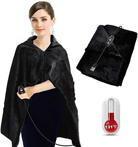 BIAL Heated Shawl, Extra Soft Warm Heated Throw Blanket with Pillowcase, Flannel Blanket - with 3-Setting Heat Controller Cord - 46" x 35" (Black)