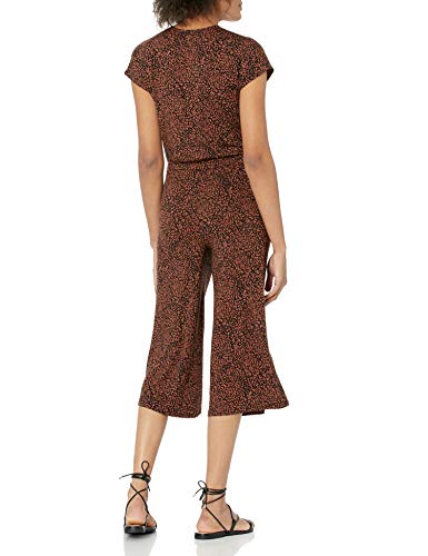 Amazon Essentials Women's Short-Sleeve Surplice Cropped Wide-Leg Jumpsuit, Dark Camel/Black, Ikat, Medium #TOP1