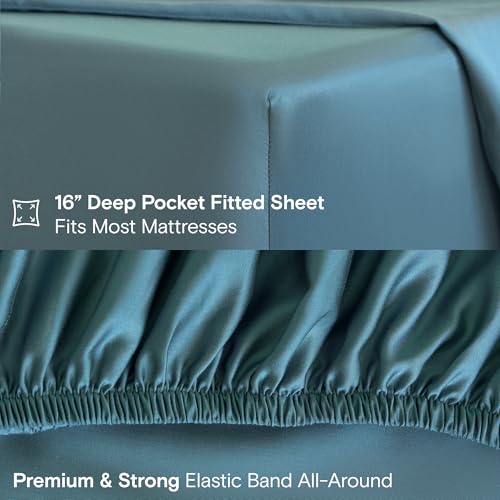 Image of DOZ Sheet Set, 100% Viscose derived from Bamboo, Organically Grown, Buttery Soft, Cooling Sheets, High GSM, Deep Pockets - 4 Piece - 2 Pillowcases 1 Fitted 1 Top Sheet (Teal, King)