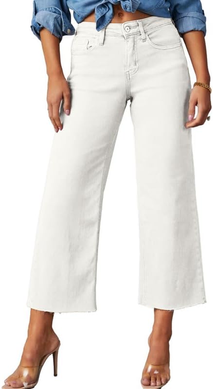 Allimy Women's High Waisted Straight Ankle Wide Leg Ripped Jeans Frayed Hem Stretchy Capri Denim Pants - Image 6