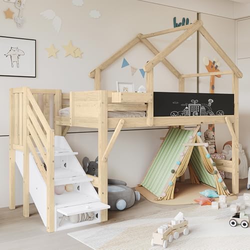FAYICIC Litera, cama infantil con protección contra caídas y rejilla, diseño único de techo, pizarra pintable, con 3 taquillas en la escalera, color blanco y natural, 90 x 200 cm