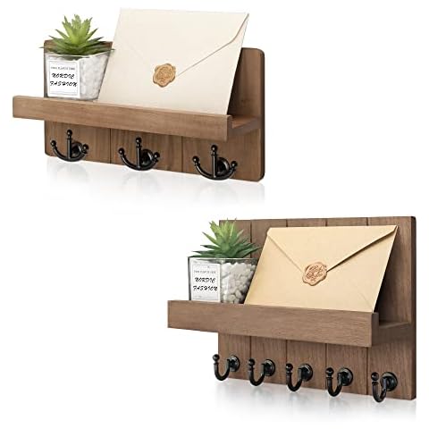 Rebee Vision Key Holder for Wall Set : 10" Key Rack with 5 Hooks and 11" Key Rack with 3 Anchor Hooks for Farmhouse Wall Decor – Brown Cover