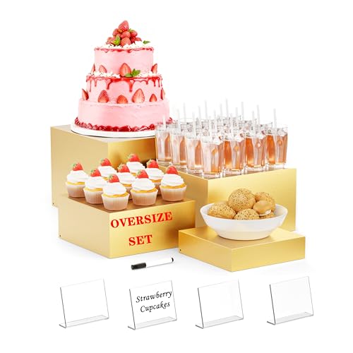 Metal Buffet Risers,4PCS OVERSIZED Food Risers for Buffet Table 8''X9''10''X11'' Display Stand with Mini Acrylic Signs for Catering Dessert Collectibles Jewelry Figures Show Gold Cube Boxes Nesting Risers with Hollow Bottoms by YFEEN - Used condition - US$53.18